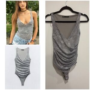 ZARA Metallic Grey Ruched Draped Bodysuit XS